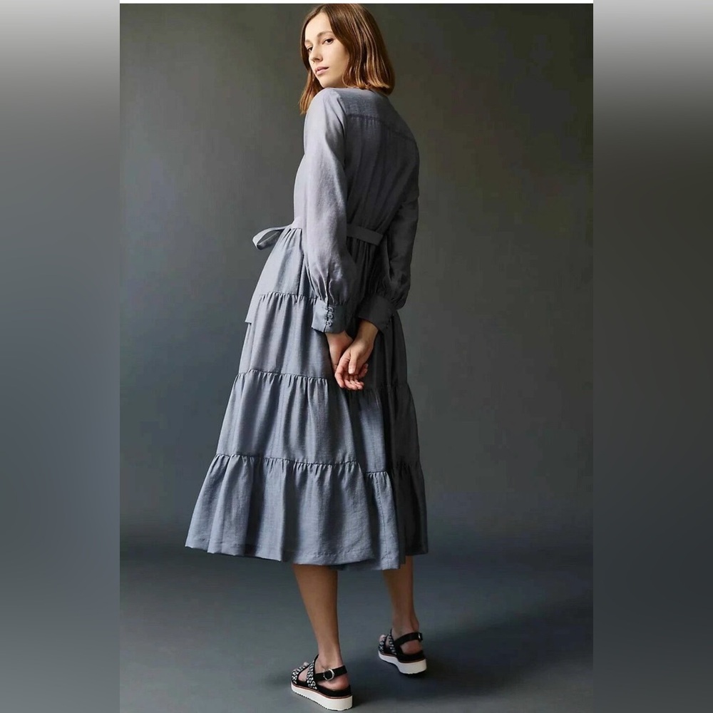 Anthropologie Slate Gray Tiered Midi Dress with Pintuck Bodice - Picture 2 of 6